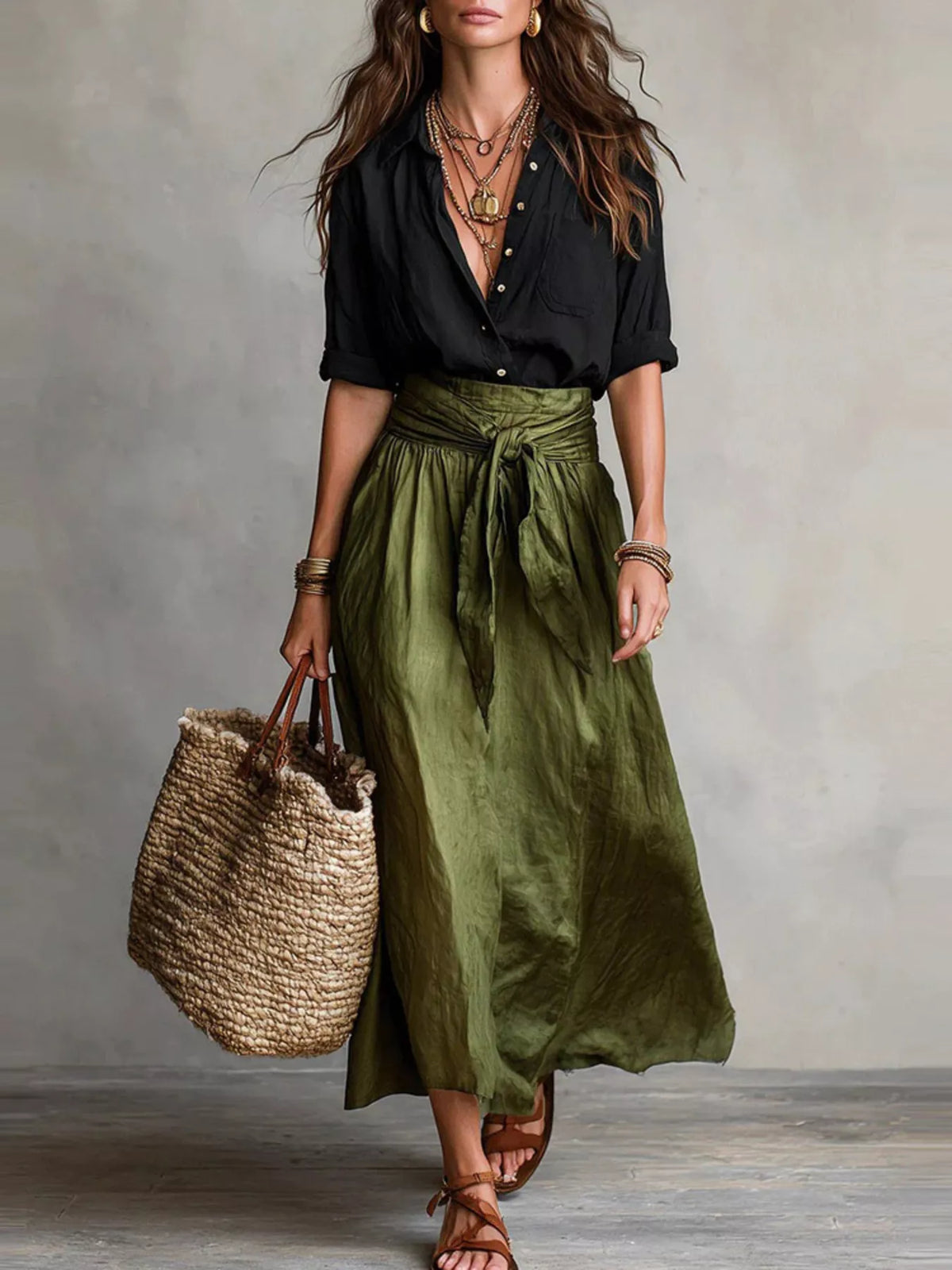 A woman models a high-waisted olive green wrap skirt paired with a black short-sleeve blouse, layered gold necklaces, brown leather sandals, and a woven straw tote bag, set against a textured gray studio background.
