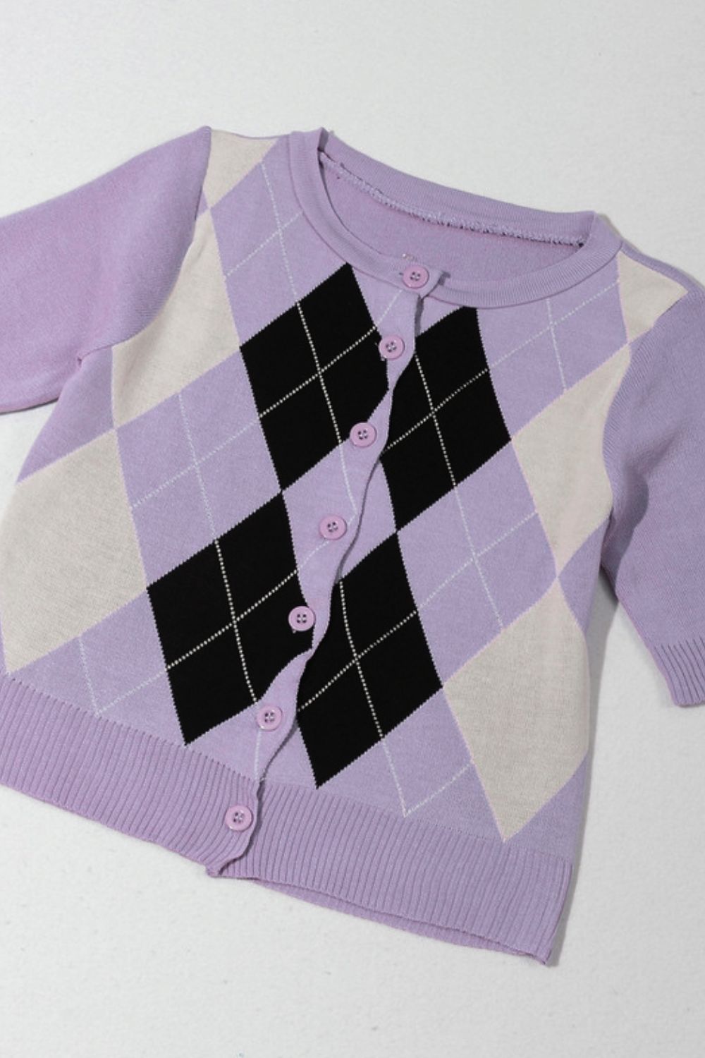One size stretchy short sleeve cardigan in classic argyle print