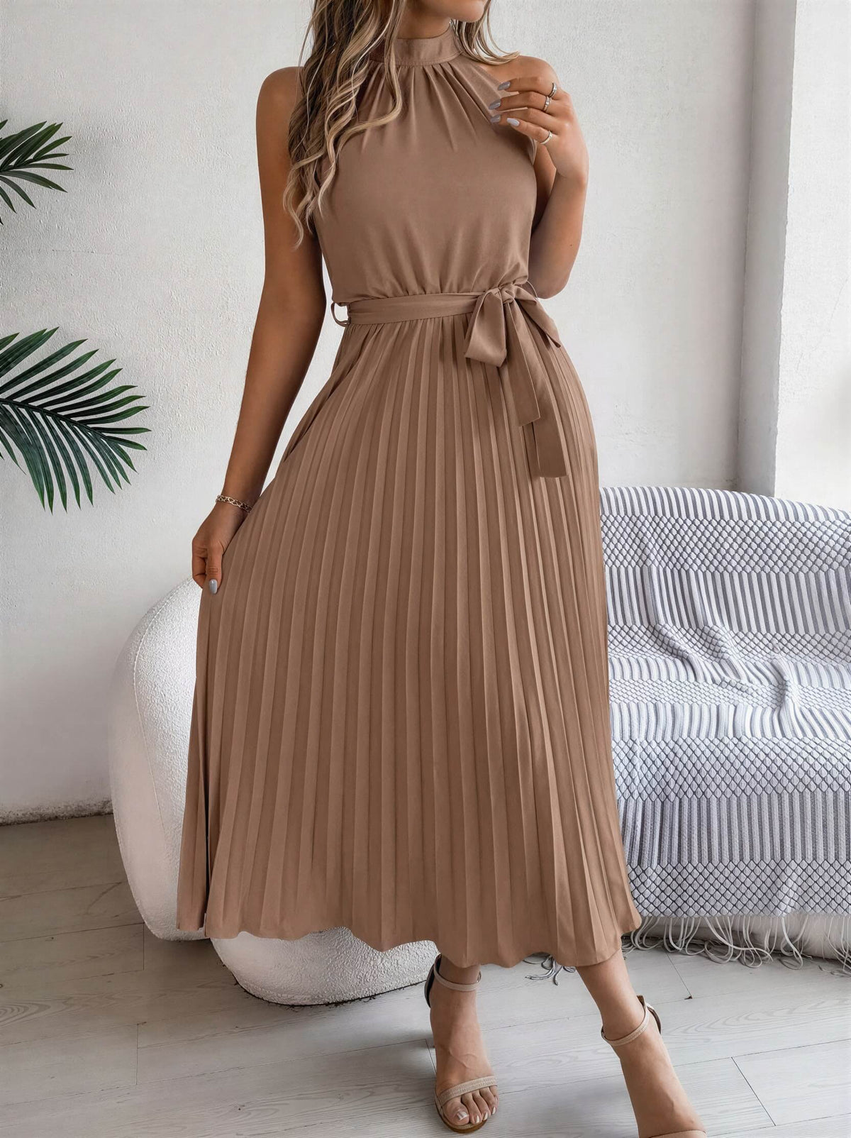 Grecian Neck Tie Waist Pleated Dress Purely