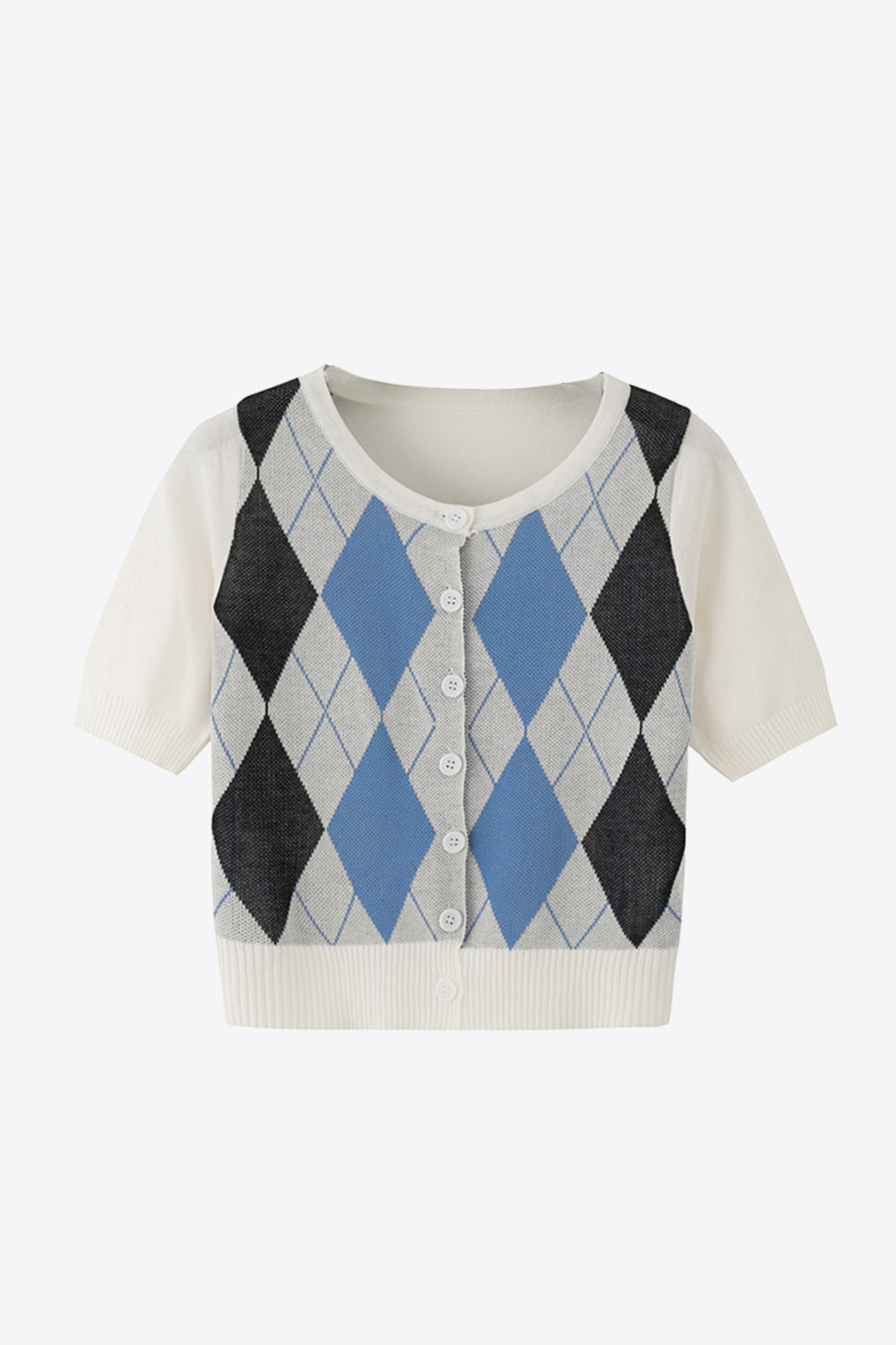 Argyle round neck ribbed trim cardigan in a classic diamond pattern, front view.