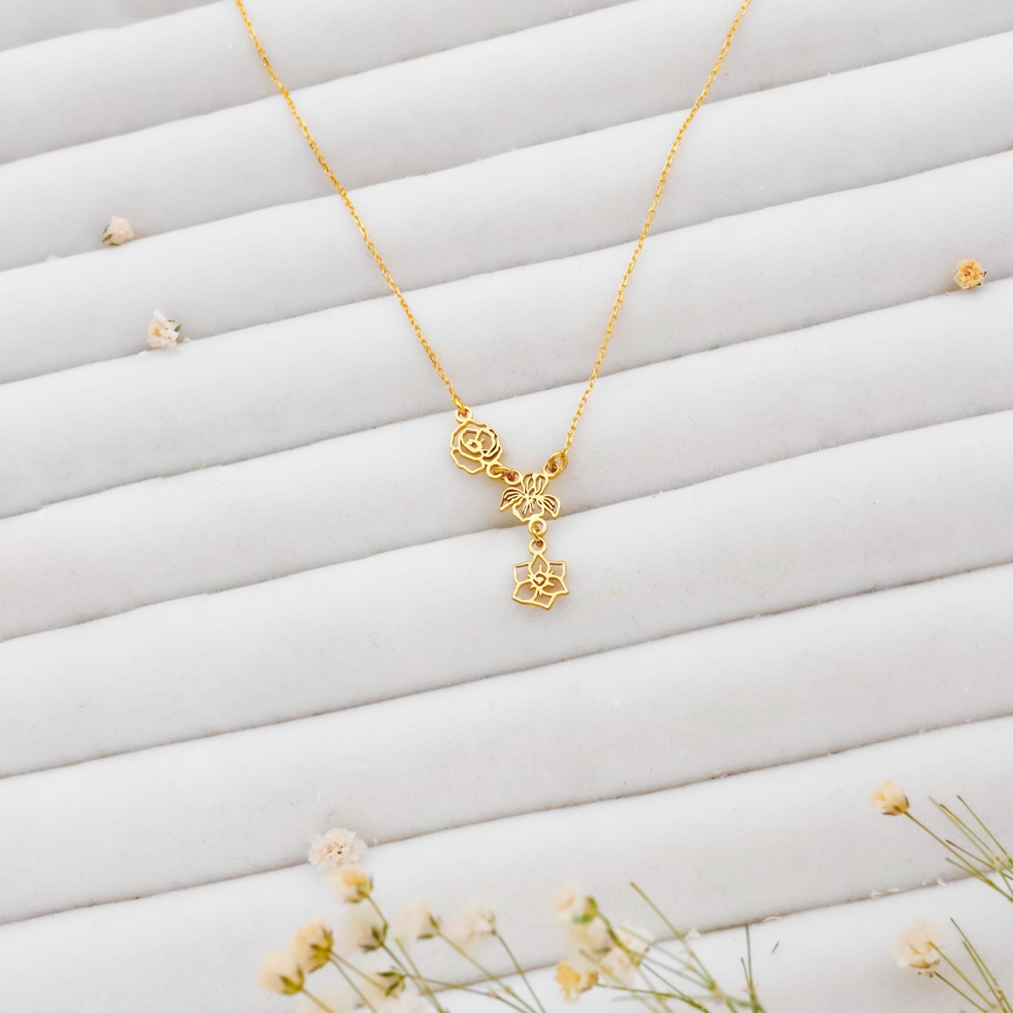 Floral Essence flower lariat necklace in elegant sterling silver with Y design and floral accents.