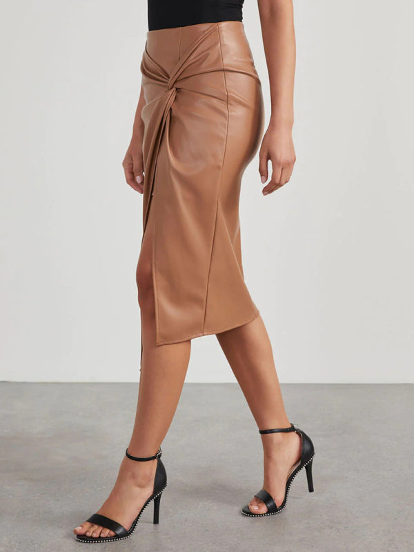 Twisted Elegance Faux Leather Midi Skirt - High-Slit Wrap Design