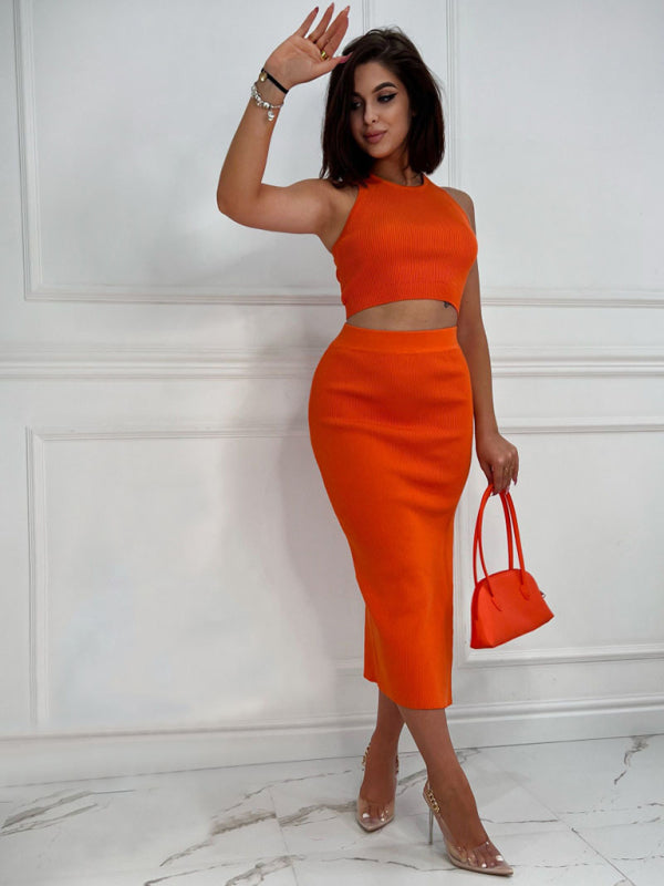 Solid Color Crop Top Slim Fit Slit Skirt Two Piece Set