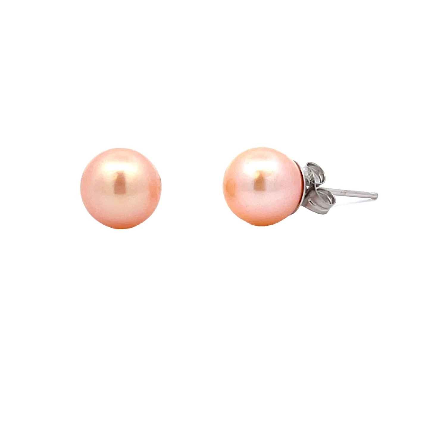 Natural fresh water pearl stud earrings in 14KT white gold, featuring round pink pearls with a smooth finish.