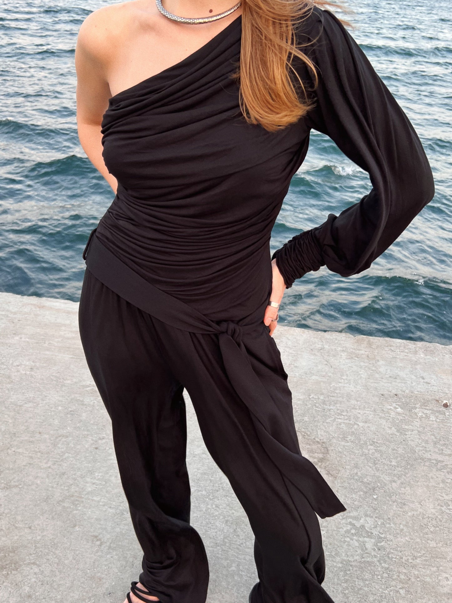 Asymmetrical One-Sleeve Blouse and Palazzo Pants 2-Piece Set