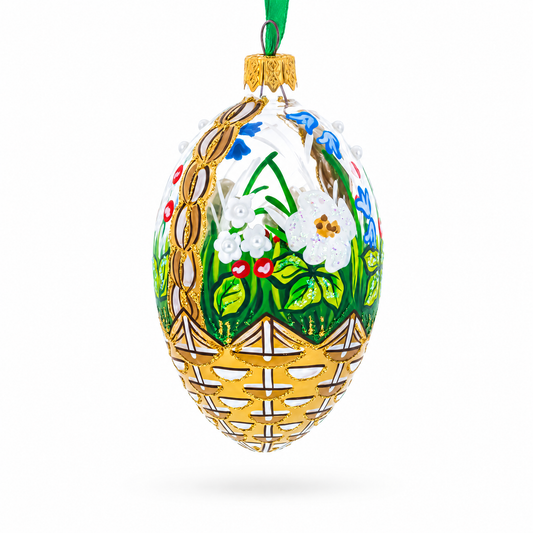 Summer Flowers Basket Glass Egg Ornament 4 Inches