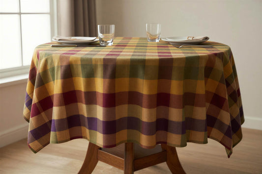 A round table covered with a plaid tablecloth in mustard yellow, burgundy, olive green, and beige, set with plates and two clear drinking glasses in a bright room.