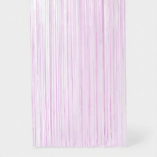 Lavender fringe backdrop with rainbow confetti accents, measuring 3' x 8', ideal for party decor.