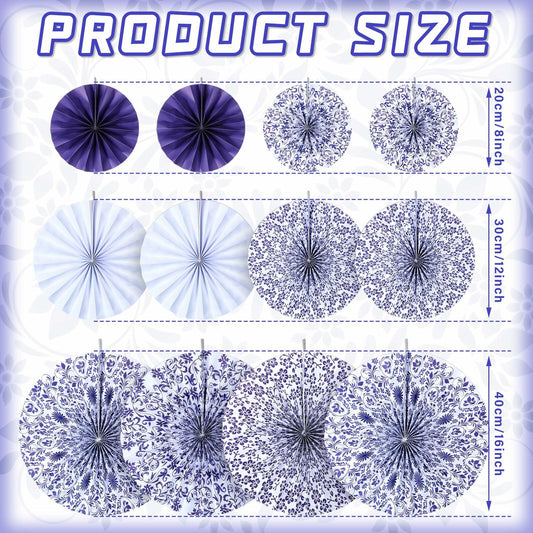 Chinoiserie Hanging Paper Fans Blue White 12 Pcs Party Decor