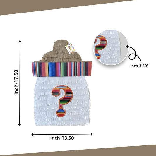 Gender reveal pinata kit shaped like a baby bottle, featuring a colorful striped lid and a question mark design.