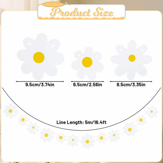Daisy banner garland with four white paper flowers and yellow centers, measuring 5 meters in length.