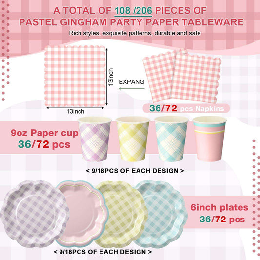 Gingham Party Tableware, 216 Pc