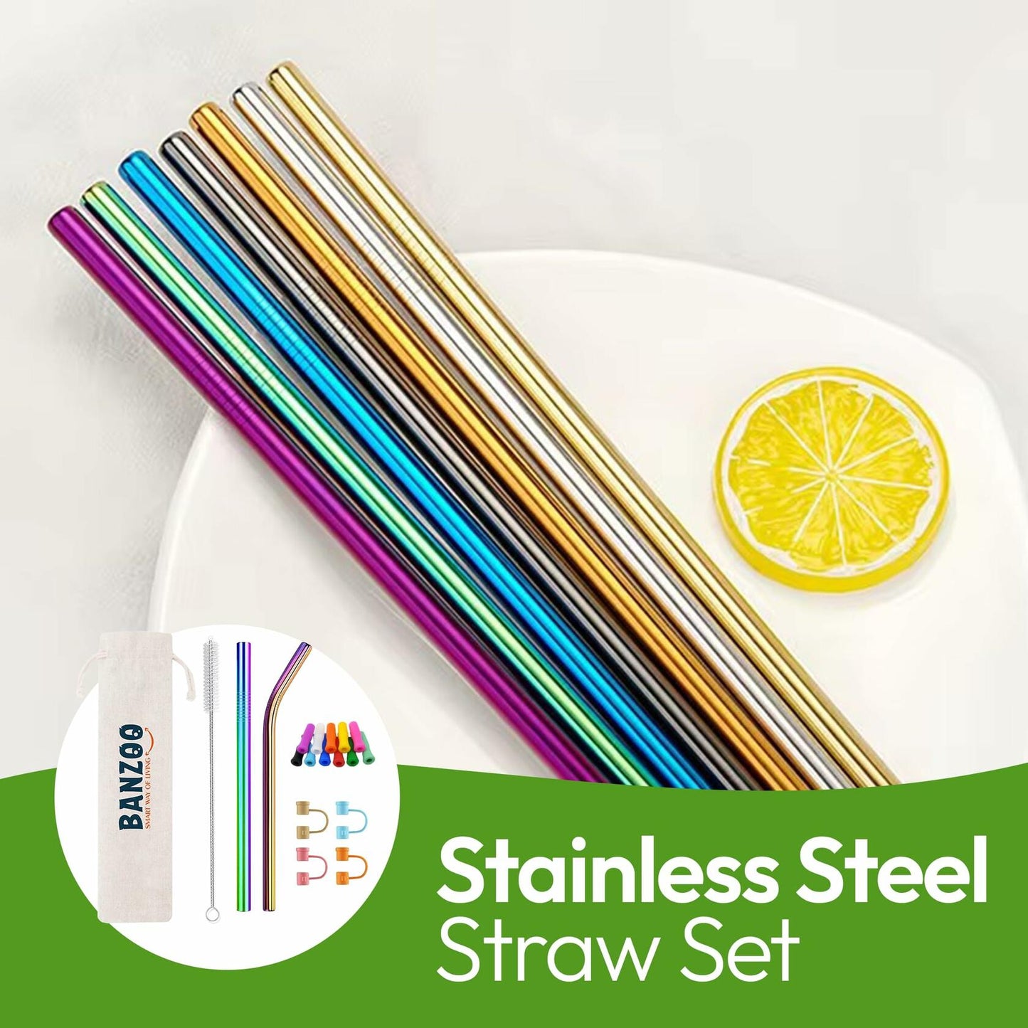 Reusable stainless steel drinking straws in rainbow colors, 10.5" and 8.5", displayed on a plate with a lemon slice.