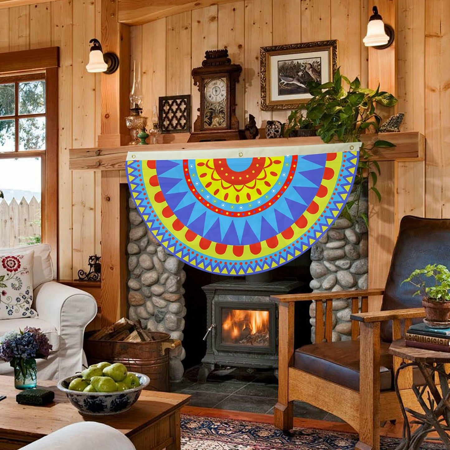 Colorful Fiesta Decorations centerpiece featuring a rainbow design, displayed above a stone fireplace in a cozy room.