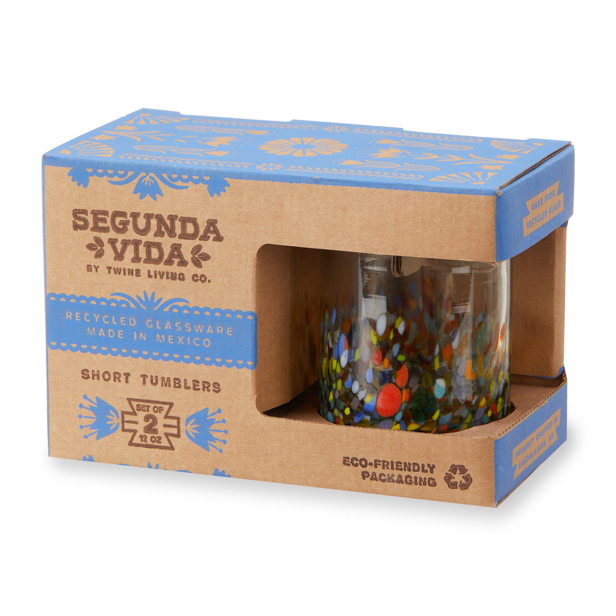Segunda Vida colorful short tumblers in a brown and blue windowed display box labeled recycled glassware made in Mexico.