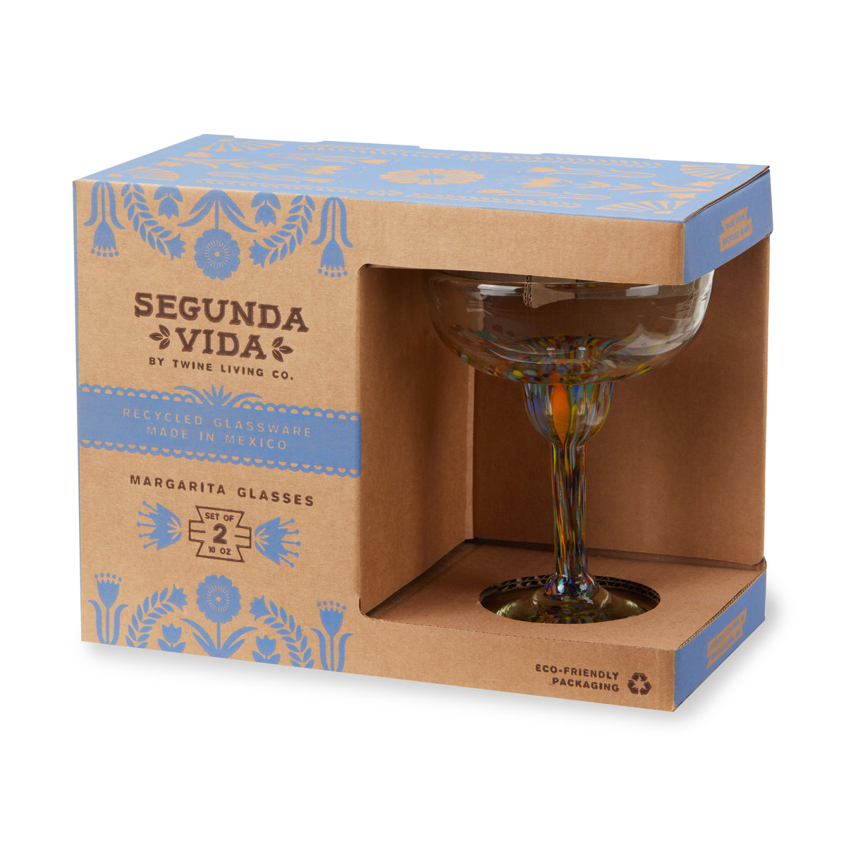Segunda Vida margarita glasses in a brown and blue display box labeled set of two, 10 ounces.