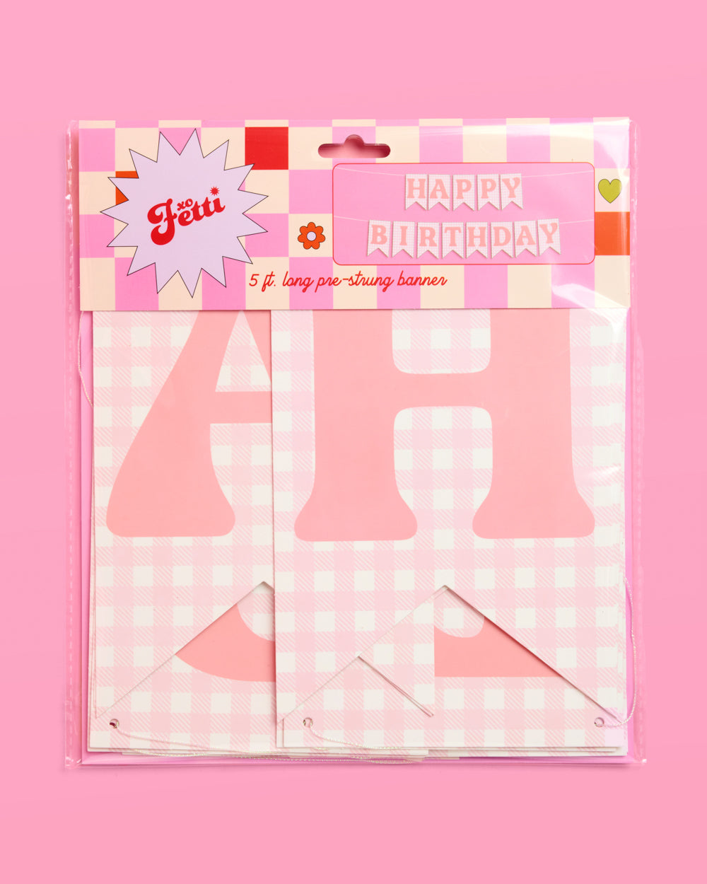 Pink Gingham Happy Birthday Banner Set, Pre-Strung 52-Inch Flags