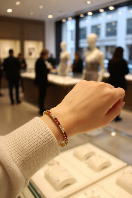 Gold bracelet with red and white stones worn on a person's wrist.