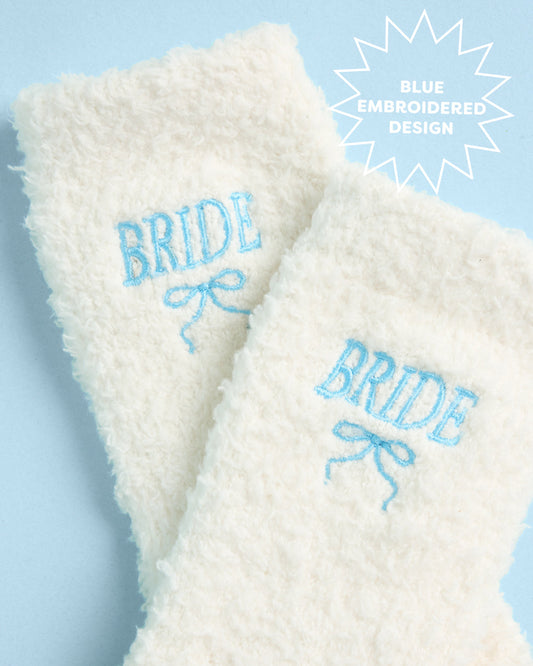 Ivory Fuzzy Crew Socks with Blue Bride Embroidery and Bow