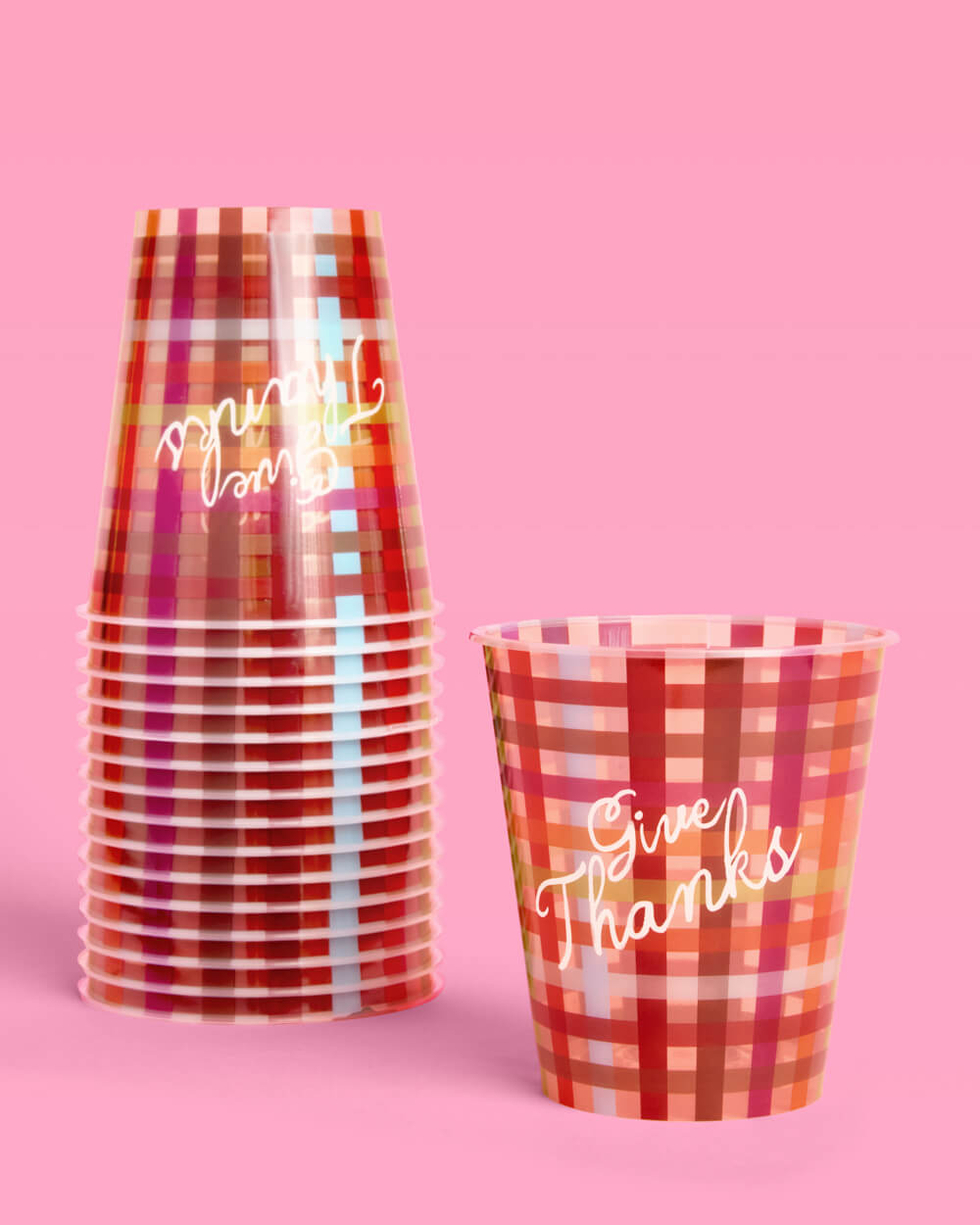 Give Thanks Plaid Reusable Plastic Fall Party Cups, 12 oz, 16 Count