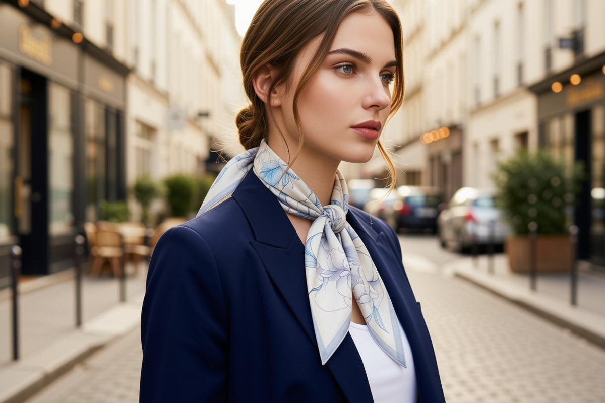 Young woman wearing a soft blue floral silk square scarf tied at the neck with a navy blazer
