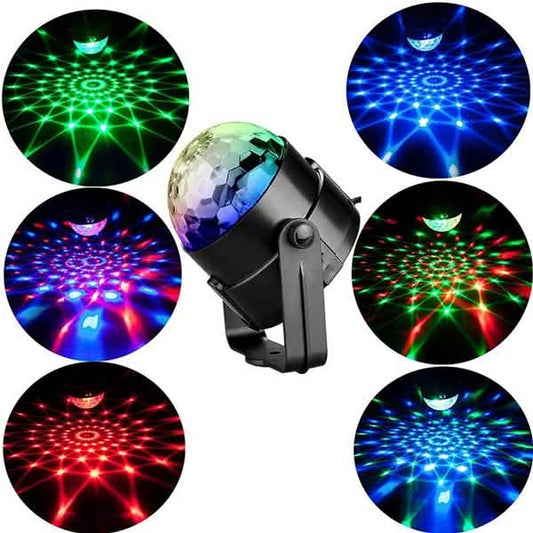 Dj disco ball with colorful light patterns on a white background