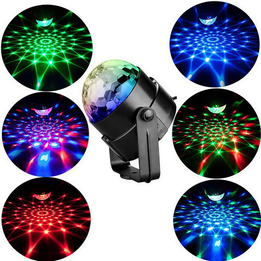 Dj disco ball with colorful light patterns on a white background