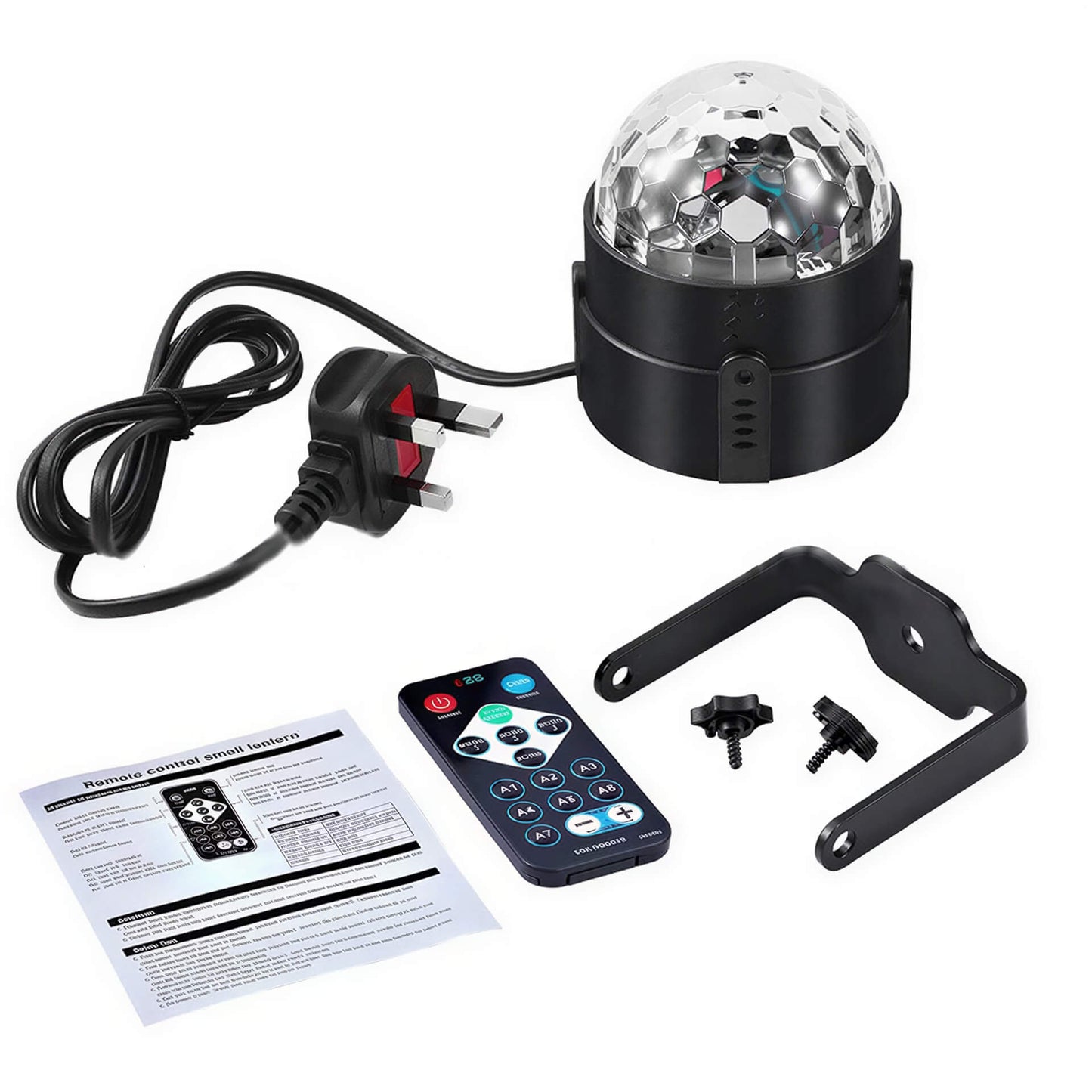 DJ disco ball light with remote control, power cord, and mounting bracket on a white background