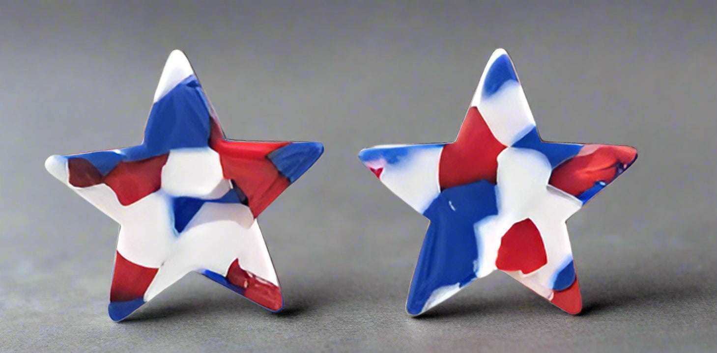 Patriotic Star Stud Earrings - Handcrafted Red White Blue Resin