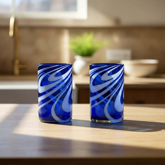 Handmade Mexican Drinking Glass | Blue with White Swirl