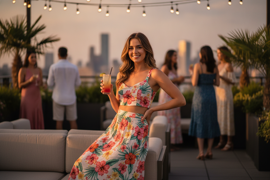 Trendy 2 piece summer dress with floral print styled for rooftop entertaining and eco-conscious gatherings