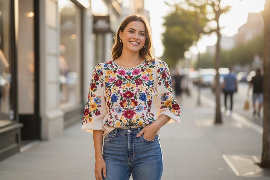 Trendy embroidered womens tops with vibrant floral patterns styled for casual street fashion