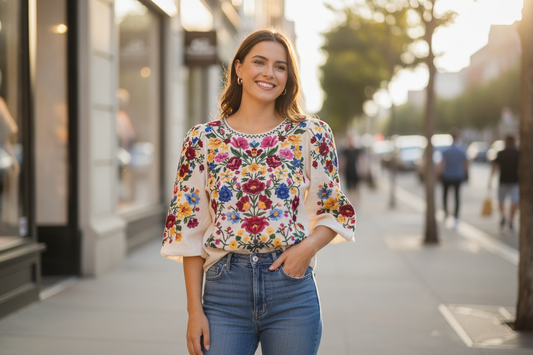 Trendy embroidered womens tops with vibrant floral patterns styled for casual street fashion