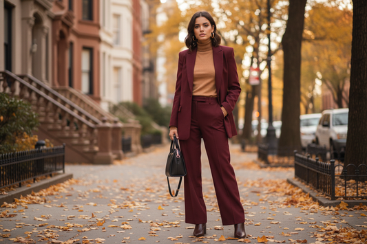 Chic fall outfit sets for women featuring a burgundy suit and turtleneck for stylish seasonal inspiration