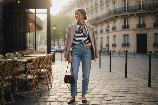 Chic French girl outfit ideas with striped top, blazer, and jeans for effortless Parisian street style