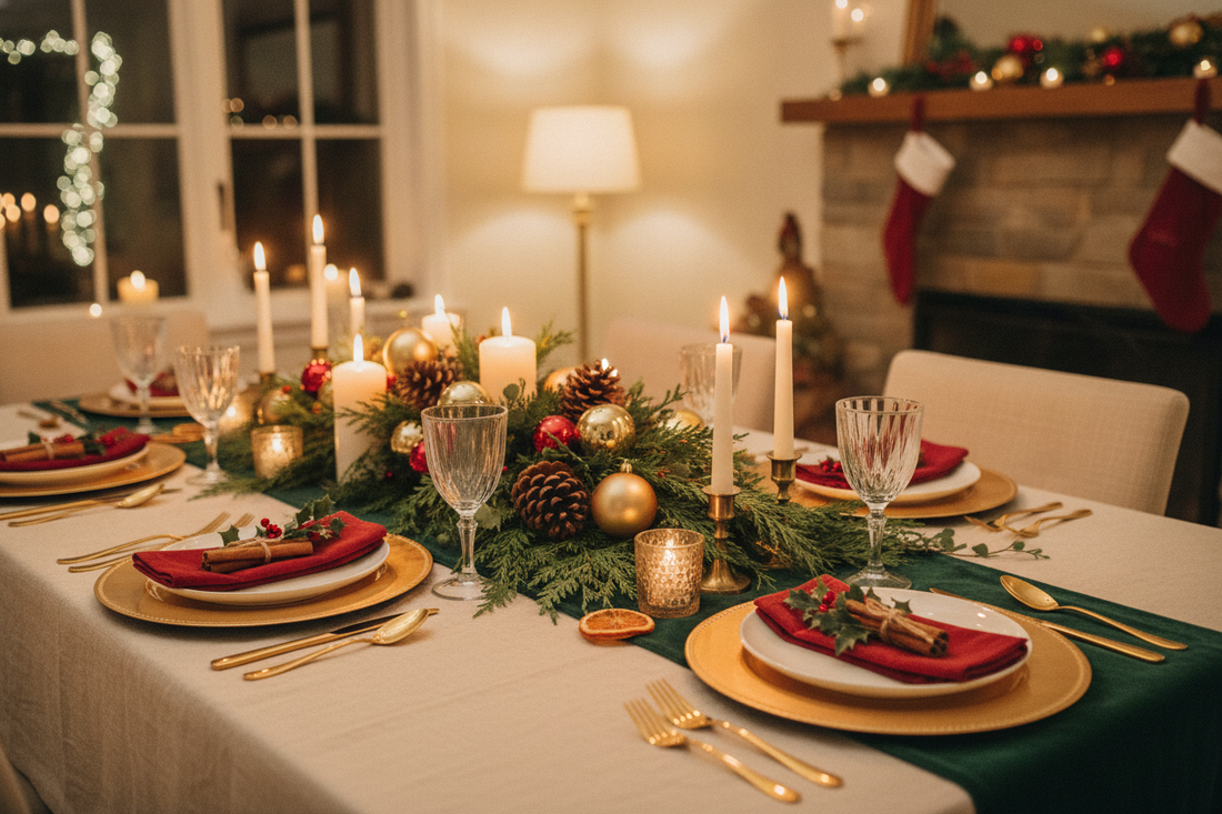 Elegant holiday tablescape bundle with festive candles, gold accents, and eco-friendly decor for entertaining at home