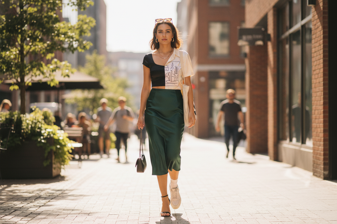 Chic city look showing how to style midi skirts with a modern top and mixed footwear for everyday inspiration