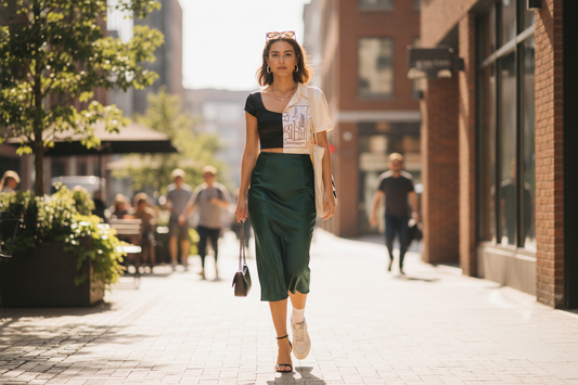 Chic city look showing how to style midi skirts with a modern top and mixed footwear for everyday inspiration