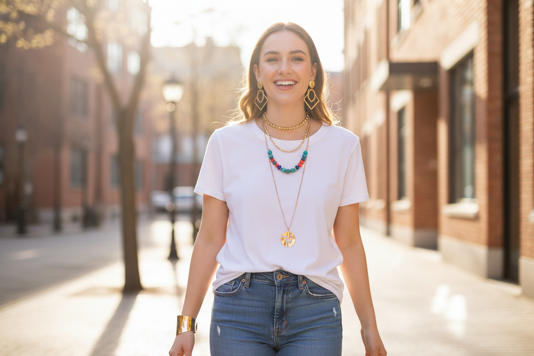 Trendy jewelry from Purely Party styled with a casual outfit for modern, eco-conscious shoppers and influencers