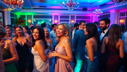 Elegant evening party with guests dressed in formal attire enjoying a lively celebration