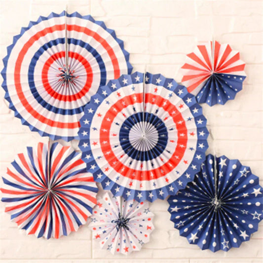Patriotic party decorations in red, white, and blue with stars and stripes for festive celebrations