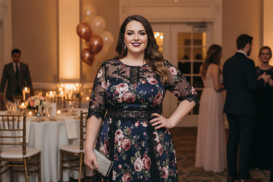 Elegant plus size occasion dress with floral lace details perfect for weddings and special events
