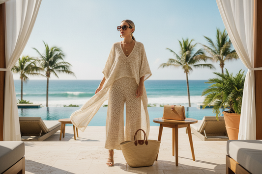 Chic resort wear jumpsuit styled for a beachside getaway, perfect for summer vacations and poolside lounging
