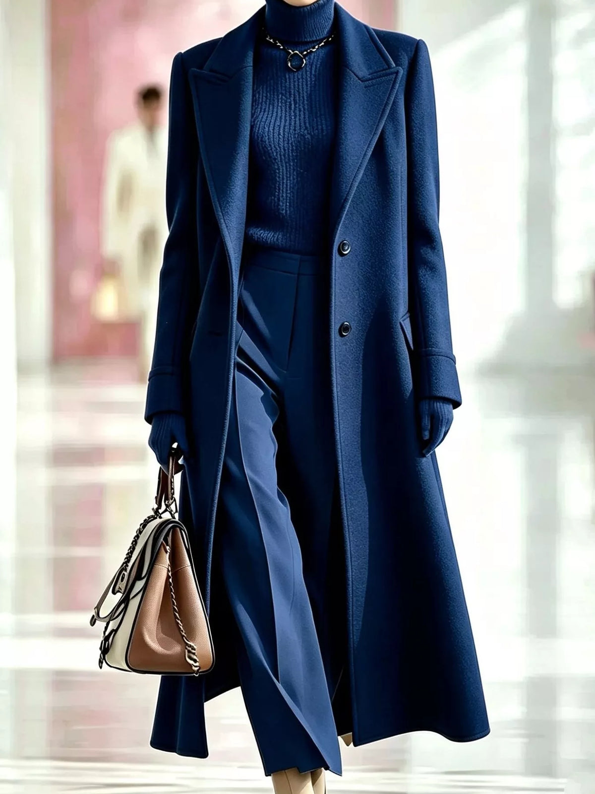 Model wearing a blue longline coat with a lapel collar and button front over a blue turtleneck and blue trousers.