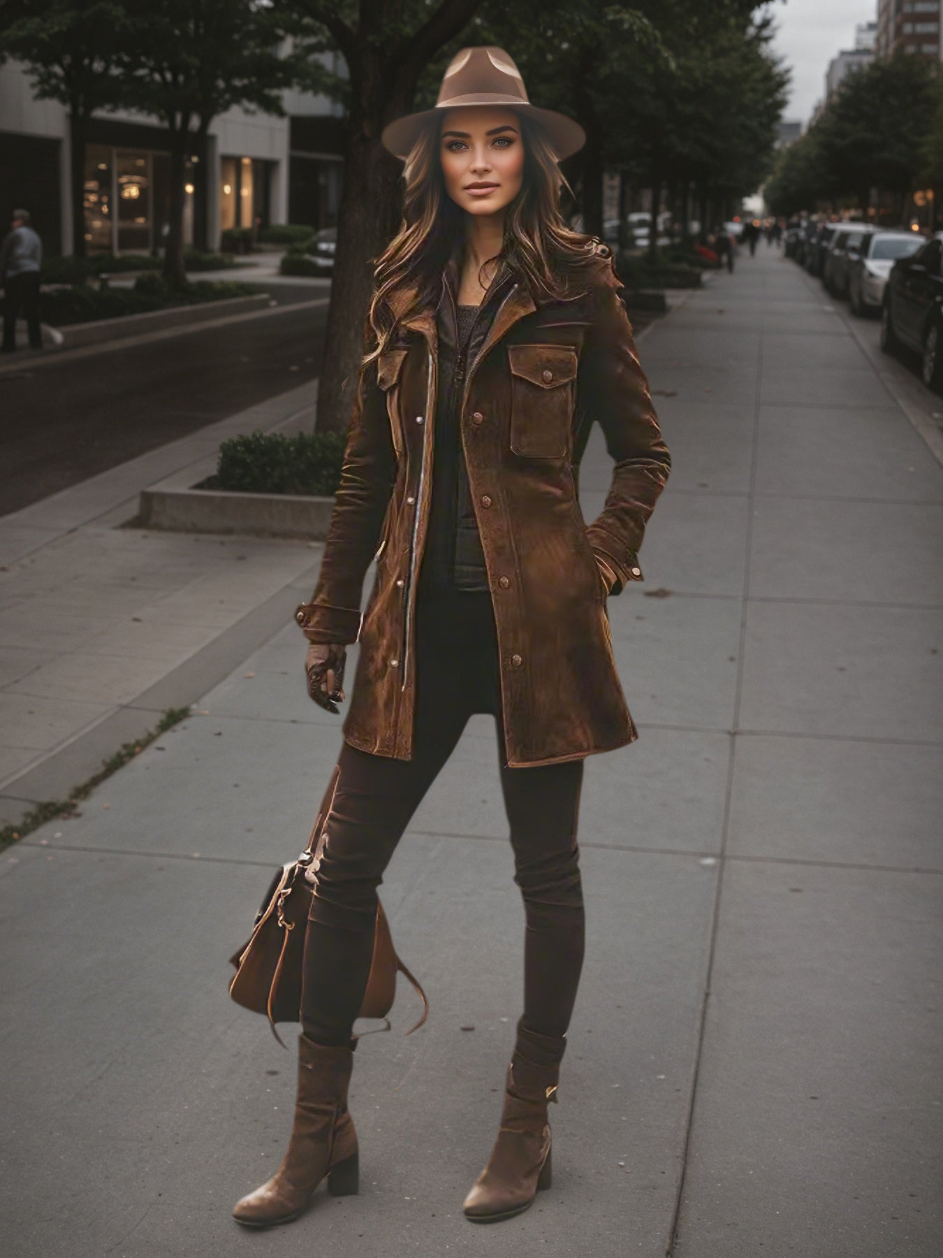 Woman in a brown leather coat and hat standing on a city sidewalk.