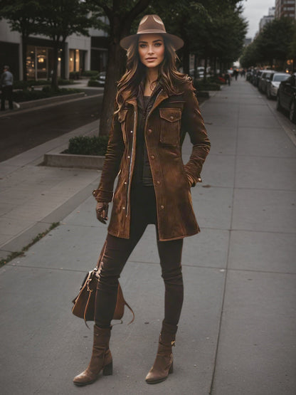 Woman in a brown leather coat and hat standing on a city sidewalk.
