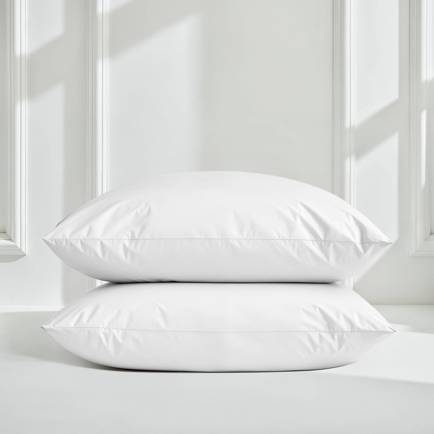Two white pillows on a bed with a neutral background