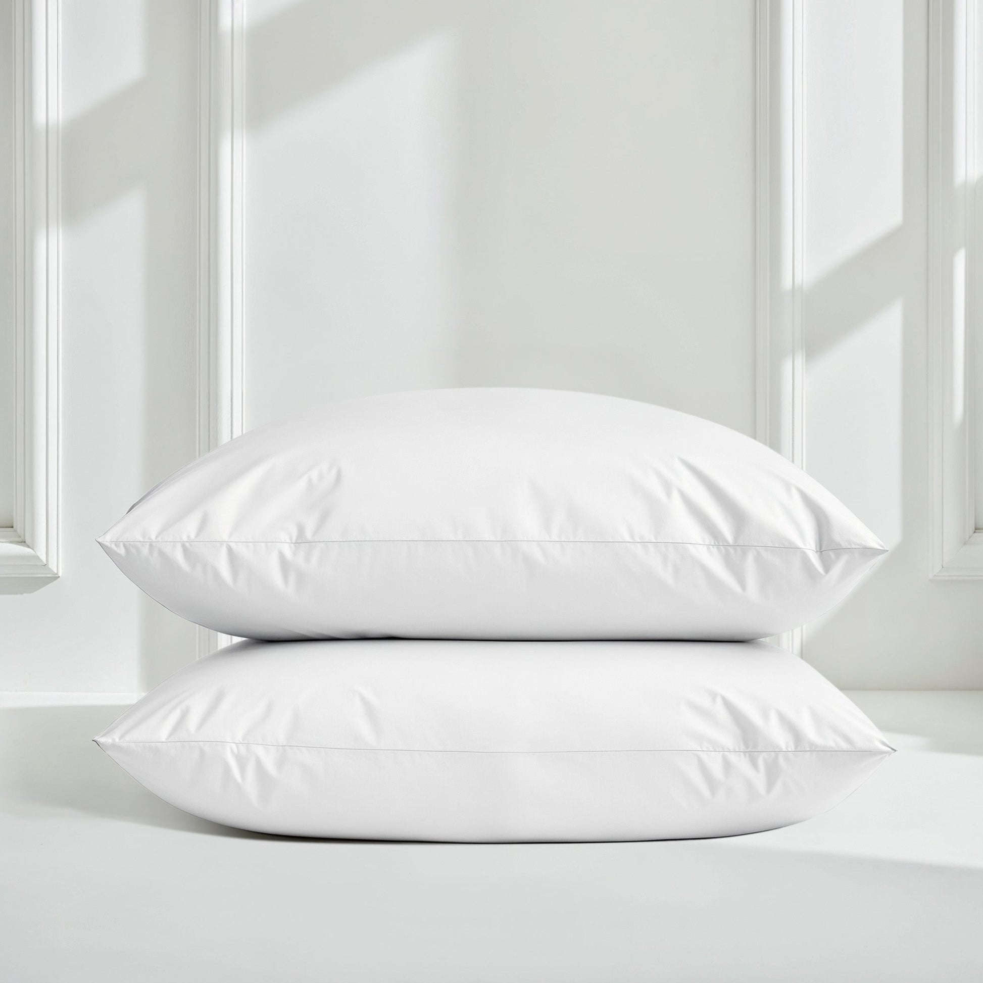 Two white pillows on a bed with a neutral background