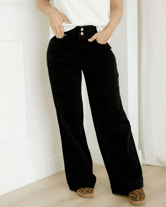 Brooke 2-Button High Waist Flared Bottom Jeans - Black