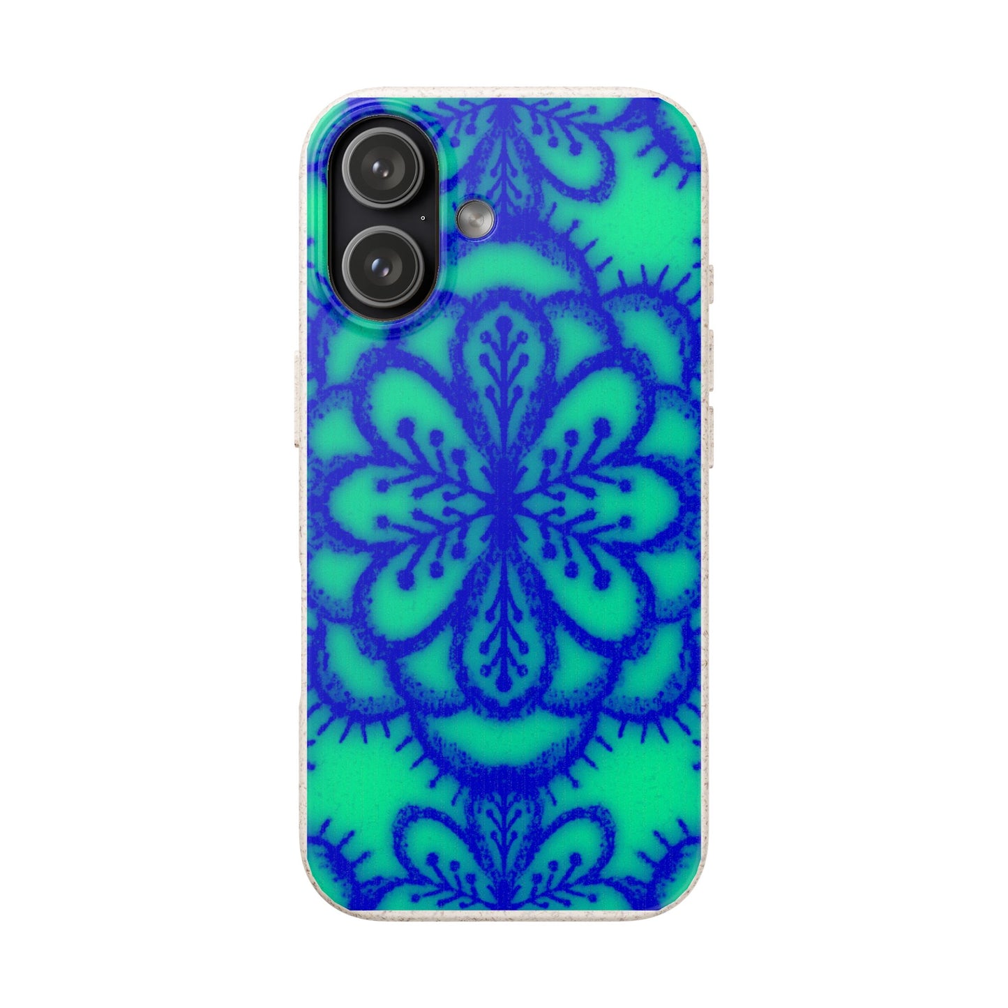 A phone case featuring a vibrant blue mandala pattern over a bright green background, shown on a plain white studio background.
